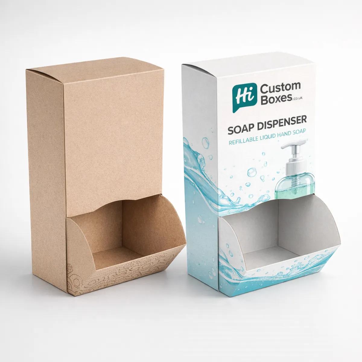 Two premium white soap dispenser boxes with a sleek, minimalist aesthetic and a central circular logo. class=